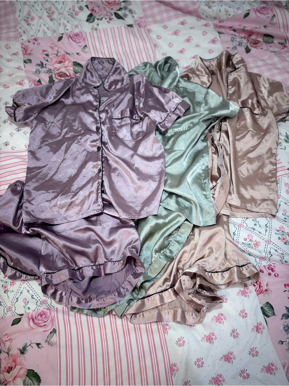 Satin Short Sleeve Pajama Set Trio in Lavender, Mint, Blush